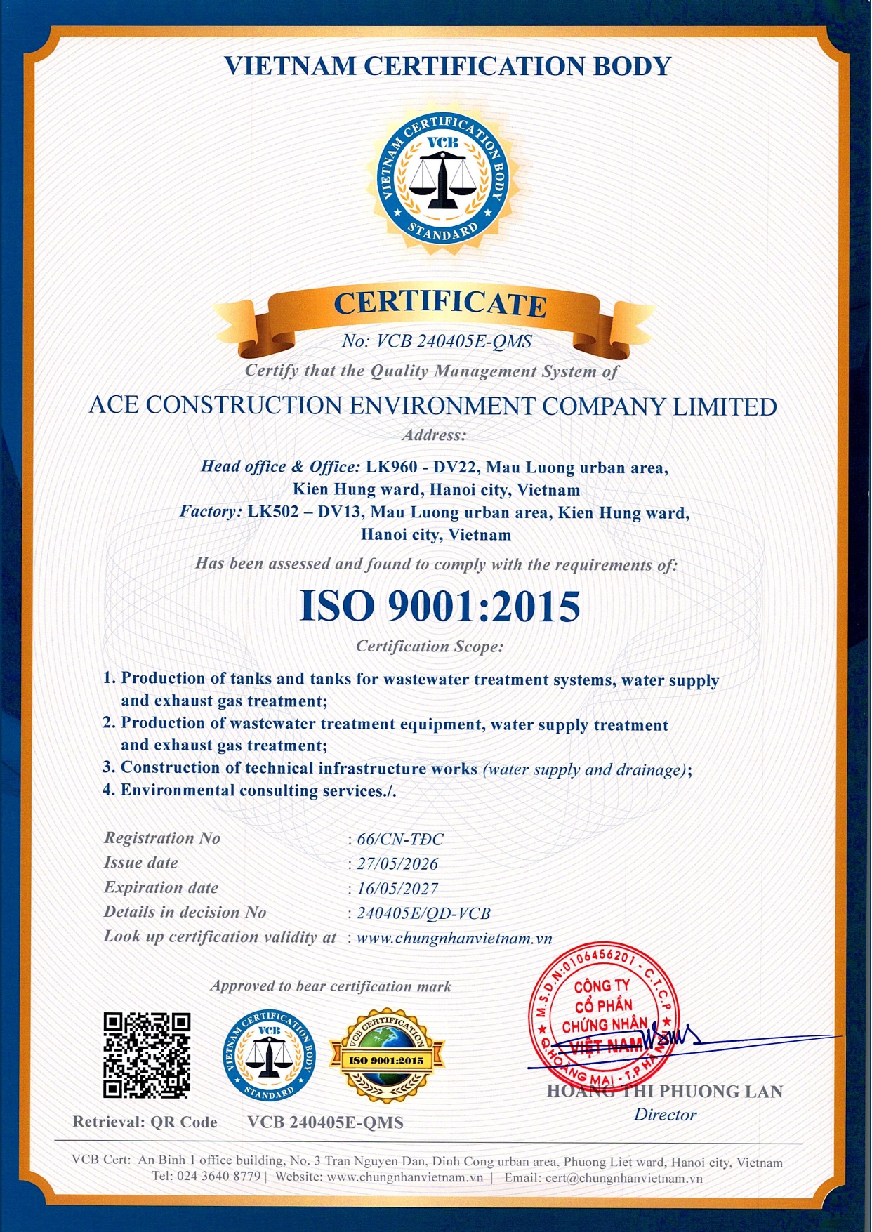 CÔNG TY TNHH MÔI TRƯỜNG XÂY DỰNG ACE ĐẠT CHỨNG NHẬN HỆ THỐNG QUẢN LÝ CHẤT LƯỢNG ISO 9001:2015